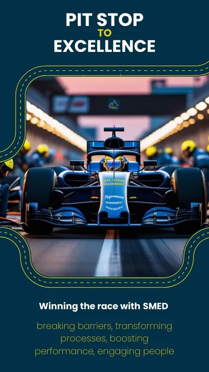 Poster for the Pit Stop to Excellence workshop: a Formula 1 car in the pit lane above the line “Winning the race with SMED”.